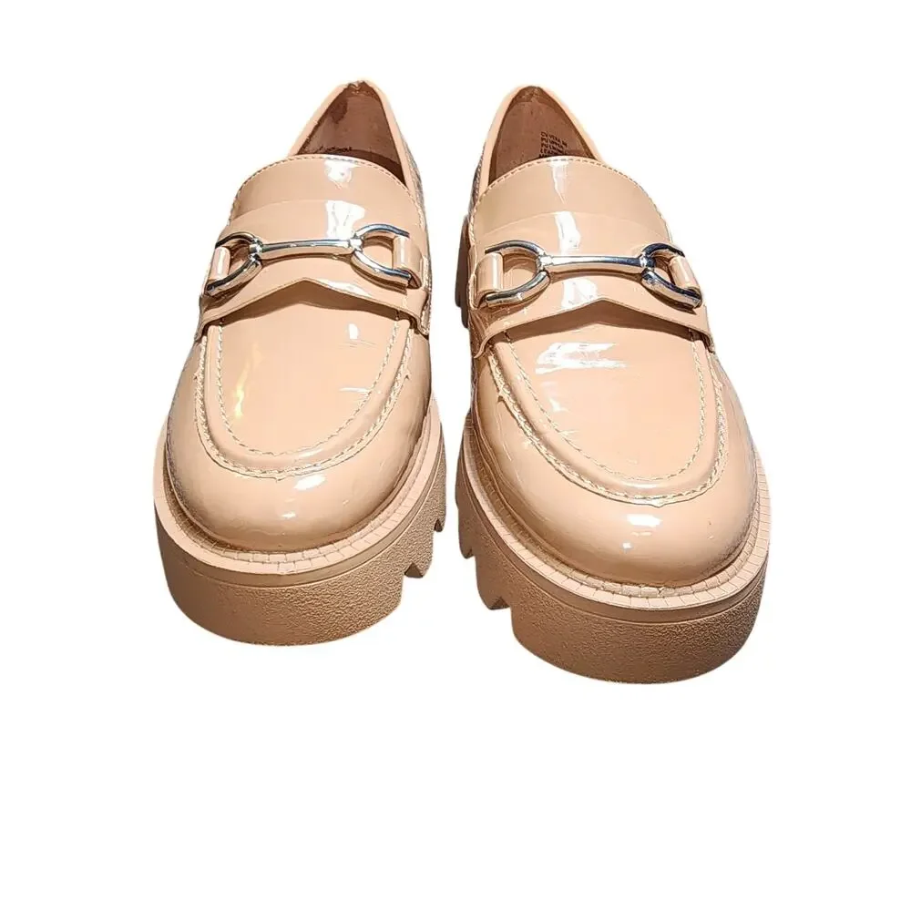 Chelsea & Violet 8M Tan Patent PU Horsebit Link Chunky Sole Platform Loafers